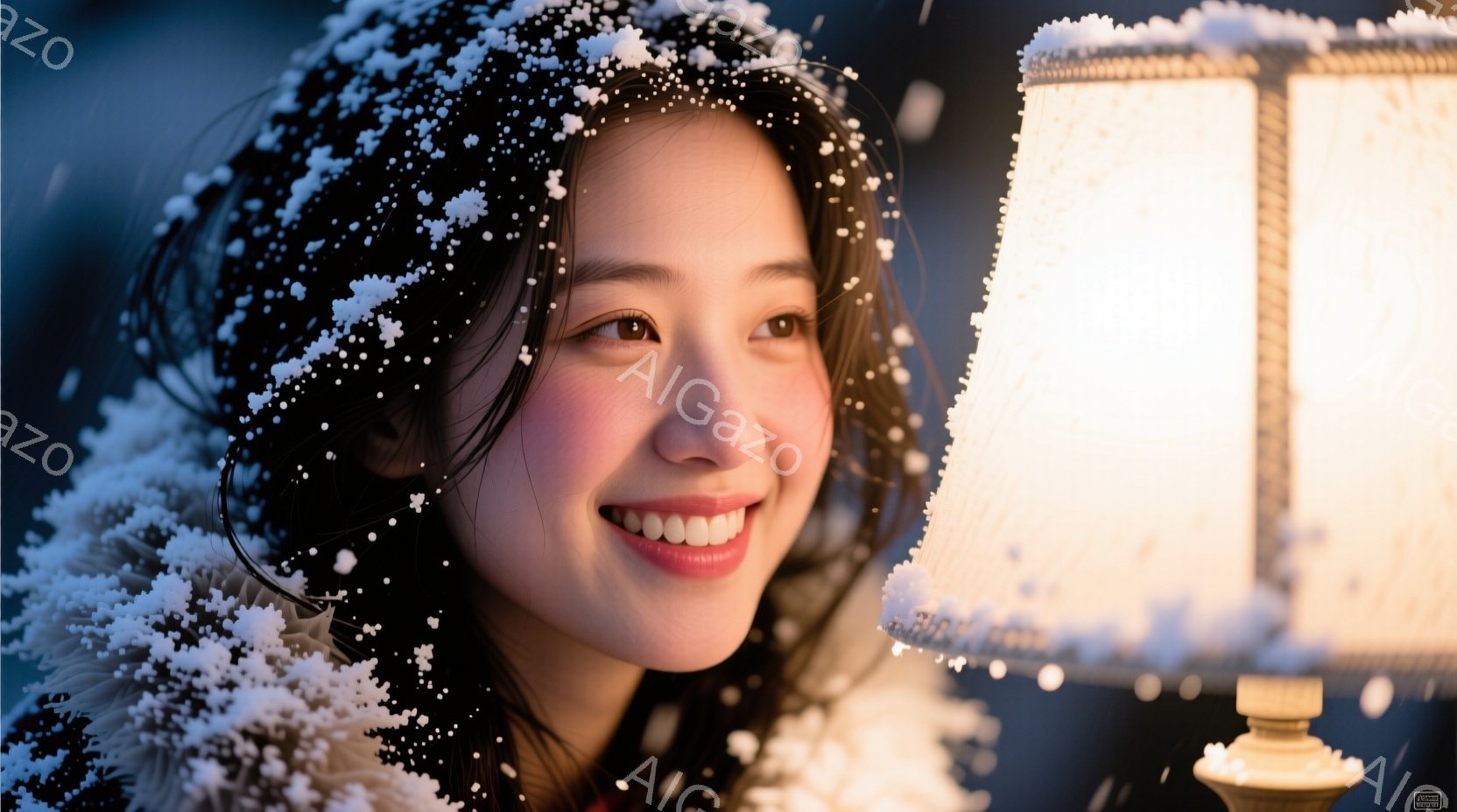 彼女は雪が舞う中で微笑んでいます。ふんわりとした毛並みの白いコートを着ており、黒髪が雪に覆われています。背景にはぼんやりと光るランプがあり、冬の暖かく幻想的な雰囲気を醸し出しています。