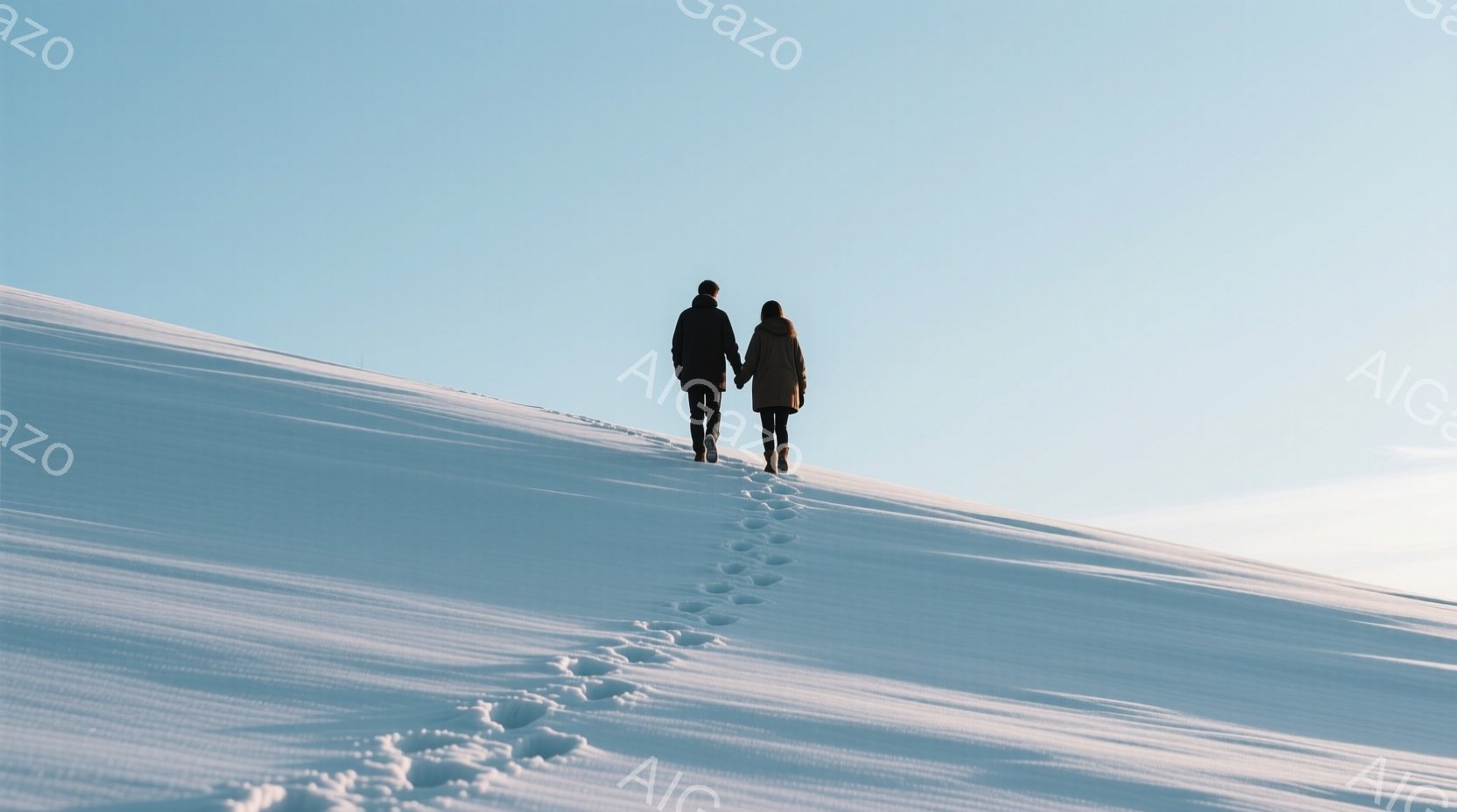 雪に覆われた丘を、一対の男女が手をつないで登っている。二人は共に濃い色の冬用コートを着用しており、後ろ姿からは表情は読み取れないが、穏やかな雰囲気が伝わってくる。背景は一面の雪景色で、青空が広がり、静 - AI生成フリー素材