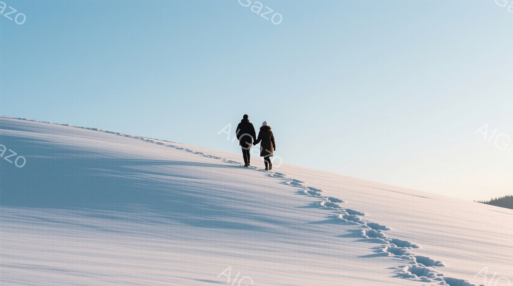 雪原を二人が並んで歩いている。男性は黒いコートを羽織り、女性は黒いドレスに白い帽子を被っている。足跡が雪面に残されており、背景は青空と白い雪景色で、静かで穏やかな雰囲気が漂っている。 - AI生成フリー素材