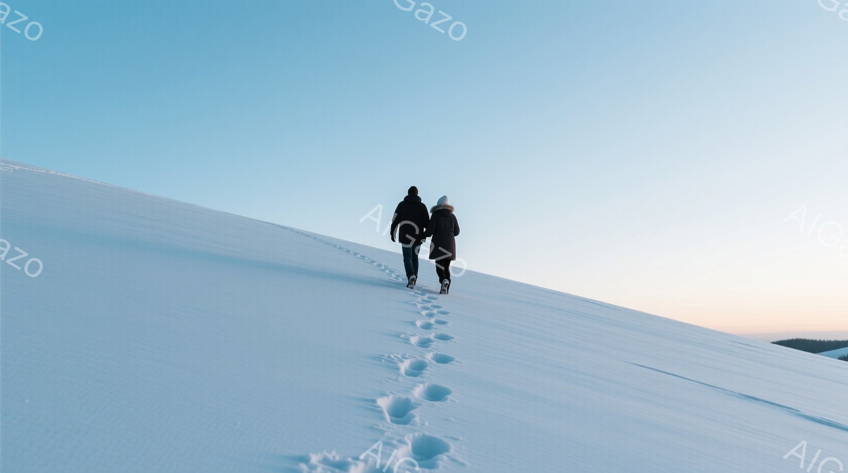 雪深い丘を、コートを着た男女が歩いている。足跡が雪面に残っており、二人は互いに背を向け、丘の頂上に向かってゆっくりと進んでいるように見える。背景は空と雪景色で、全体的に静かで穏やかな雰囲気を醸し出して - AI生成フリー素材