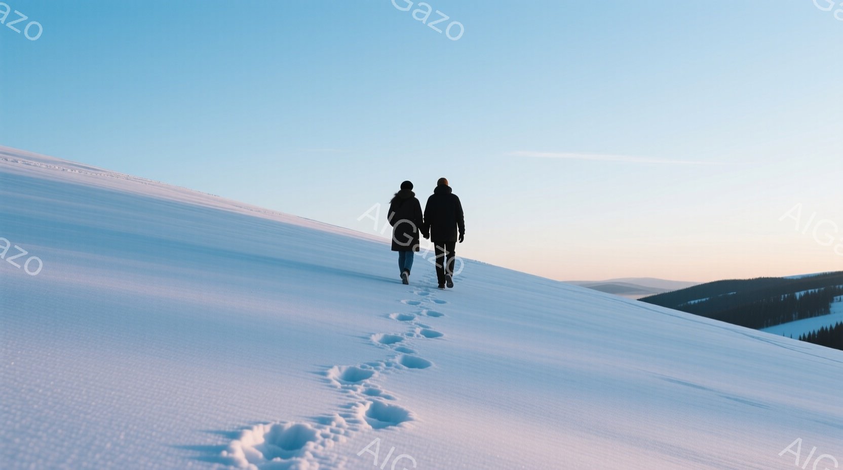 雪景色の中、二人が丘を登っている。黒いコートを着た男性と、ロングコートを着た女性は背中を向けており、表情は読み取れないが、足跡が雪の上に残っていることから、ゆっくりと歩いている様子が窺える。背景には穏やかな丘陵地帯が広がり、空は淡い青色からオレンジ色へとグラデーションを描き、静かで穏やかな冬の雰囲気を醸し出している。
