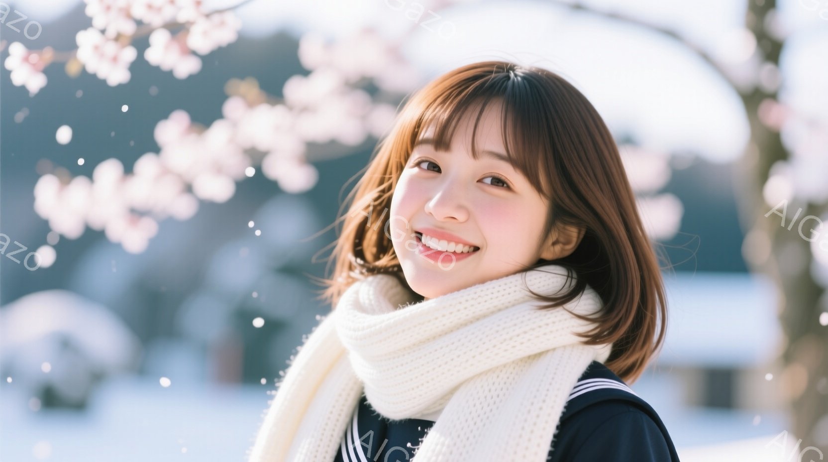 明るい笑顔を見せる若い女性が写っています。彼女は黒いセーラー服に白いニットのネックウォーマーを巻き、茶色のボブヘアをしています。背景には桜の花びらが舞い散り、春の穏やかな日であり、少しぼやけた自然の風 - AI生成フリー素材