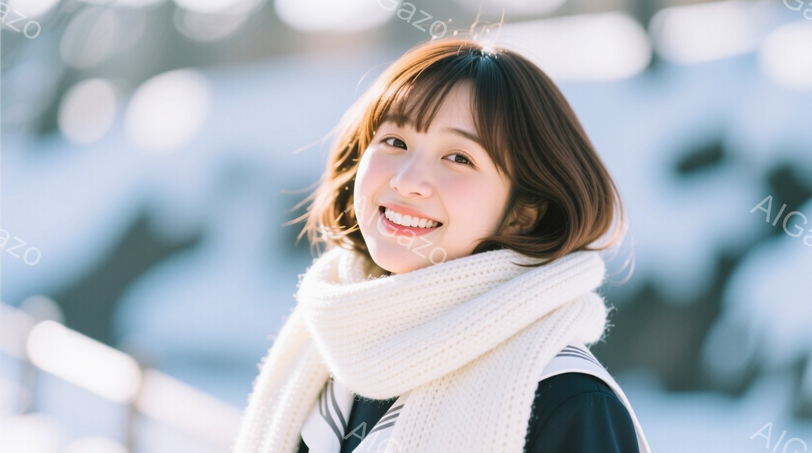 若い女性が白いニットのネックウォーマーを巻き、黒い服を着ています。彼女は微笑んでおり、暖かく親しみやすい表情をしています。背景は雪景色で、ぼやけていますが、冬の穏やかな雰囲気が感じられます。