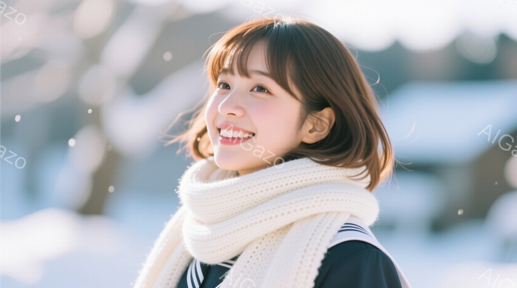 明るい笑顔を浮かべた若い女性が写っている。彼女は紺色のセーラー服に白いニットのネックウォーマーを巻き、少し上を見ている。背景は雪景色で、ぼんやりと建物が見え、全体的に暖かく優しい雰囲気が漂っている。 - AI生成フリー素材