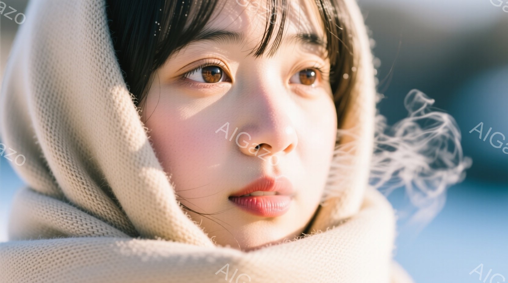 若い女性がクリーム色のニットのフードで顔を包み、少し憂いを帯びた表情で遠くを見つめています。彼女の髪はダークカラーで、前髪が目にかかっており、唇は明るいピンク色をしています。背景は青空とぼんやりとした - AI生成フリー素材