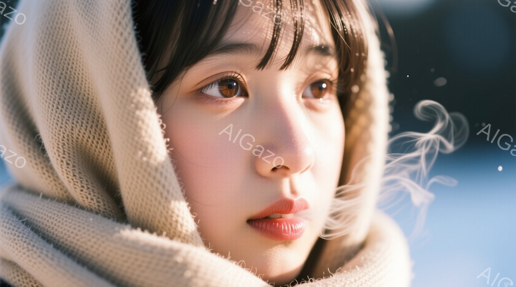 若い女性がベージュ色のニット帽とスカーフを身につけ、少し上を見ている。彼女の瞳は暖色系の茶色で、唇は赤みがかったピンク色をしており、表情は穏やかでどこか物憂げだ。背景は青空で、白い息が漂い、冬の冷たい空気感と、女性の繊細な雰囲気が漂っている。