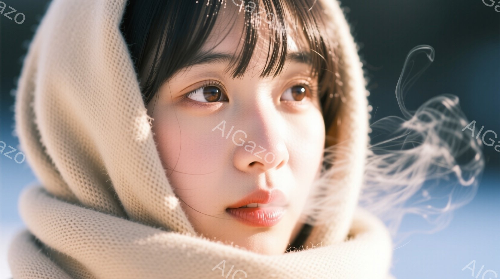 少女はオフホワイトのニット帽とマフラーを身につけ、寒さから身を守っています。彼女の黒髪は前髪が目にかかるようにカットされ、少し憂いを帯びた表情で遠くを見つめています。背景は淡い青空で、彼女の息が白い蒸気となって漂い、冬の冷たい空気を感じさせます。