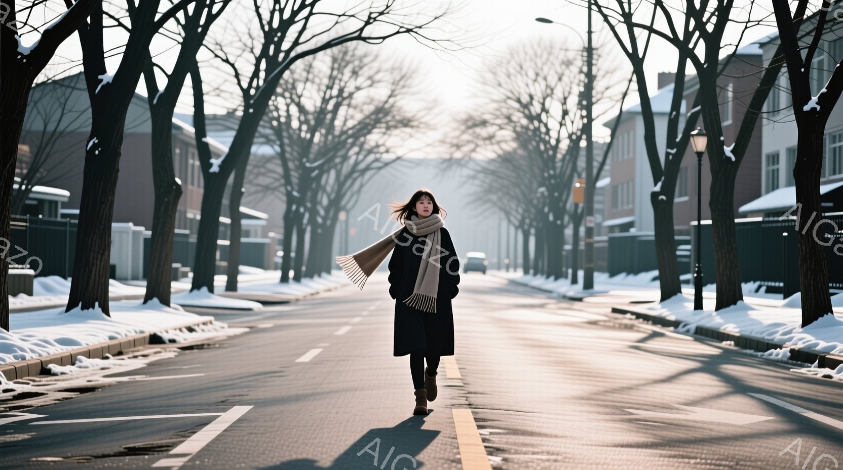 白い雪に覆われた住宅街の道路を、黒いコートを着た女性が歩いている。彼女は長い髪を風になびかせ、クリーム色のマフラーを巻いている。背景には冬の木々と、ぼやけた住宅が並び、全体的に静かで穏やかな雰囲気を醸 - AI生成フリー素材