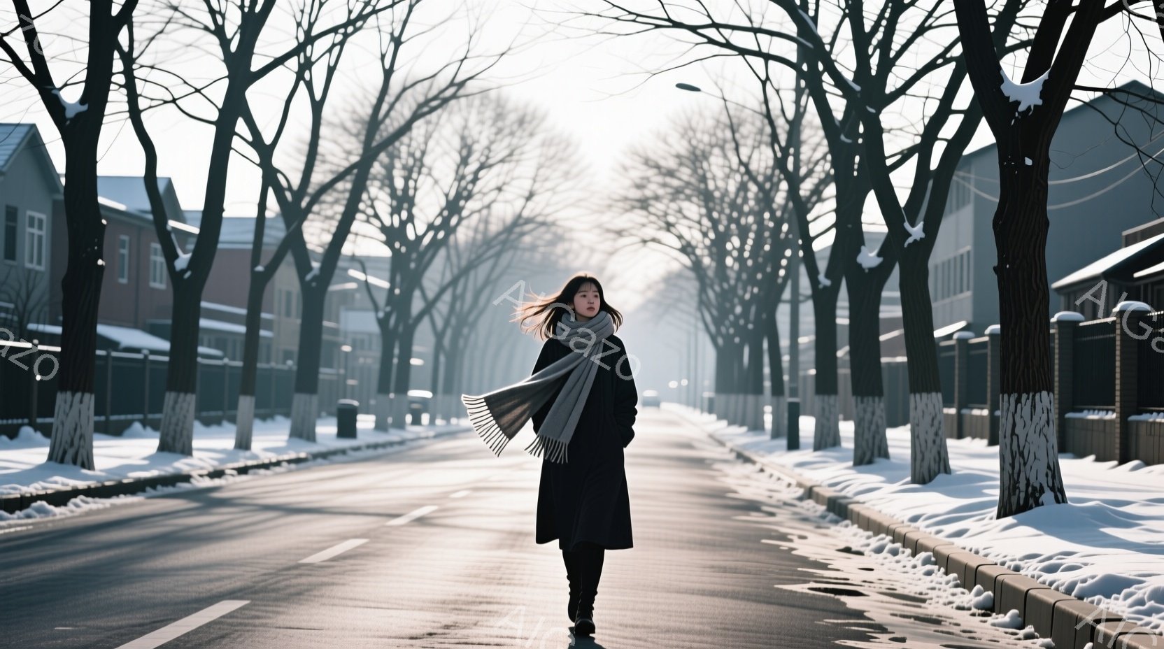 長い黒いコートとスカーフを身につけた女性が、雪に覆われた道路の中央を歩いている。彼女は背中を向けており、黒髪が風になびいているのが見える。背景には、雪で覆われた並木道と、灰色がかった建物が並び、全体的 - AI生成フリー素材