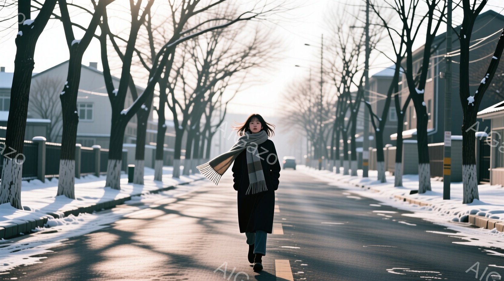 長い黒いコートとジーンズを身に着けた女性が、雪に覆われた道路の中央を歩いている。彼女は風になびくチェック柄のスカーフを巻き、前髪が少し顔にかかっている。背景には、雪で覆われた木々と灰色の建物が並び、冬 - AI生成フリー素材