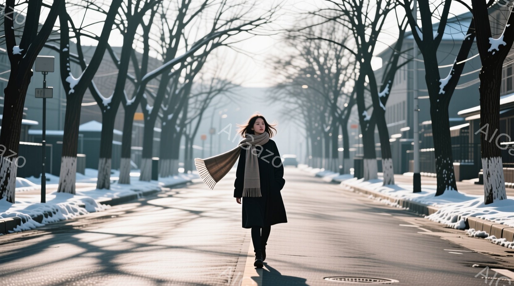 長い黒いコートとスカーフを身に着けた女性が、雪の積もった並木道を歩いている。彼女は背筋を伸ばし、前を見据え、風になびく髪が印象的だ。背景には、雪で覆われた木々と薄暗い建物が続き、全体的に静かで物憂げな - AI生成フリー素材