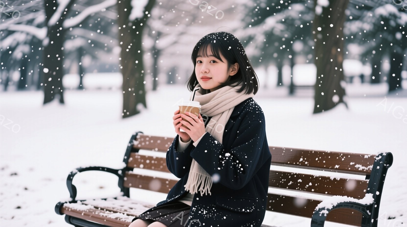 少女はベンチに座り、暖かい飲み物を両手で抱えています。黒いコートに白いマフラーを巻き、前髪を下ろした髪型で、わずかに微笑んでいます。背景は雪に覆われた公園で、雪が舞い散る冬の穏やかな風景が広がっています。