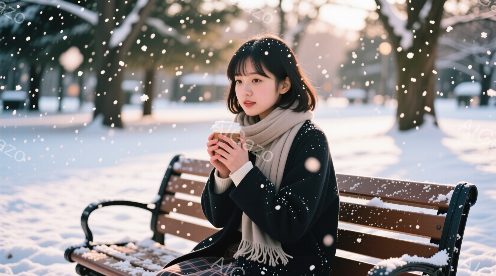 浅い雪が降る公園のベンチに、若い女性が座っています。黒いセーターにチェック柄のスカート、そして白いマフラーを巻き、温かい飲み物を両手で抱えています。女性は前を見つめ、わずかに微笑んだ表情をしており、背 - AI生成フリー素材