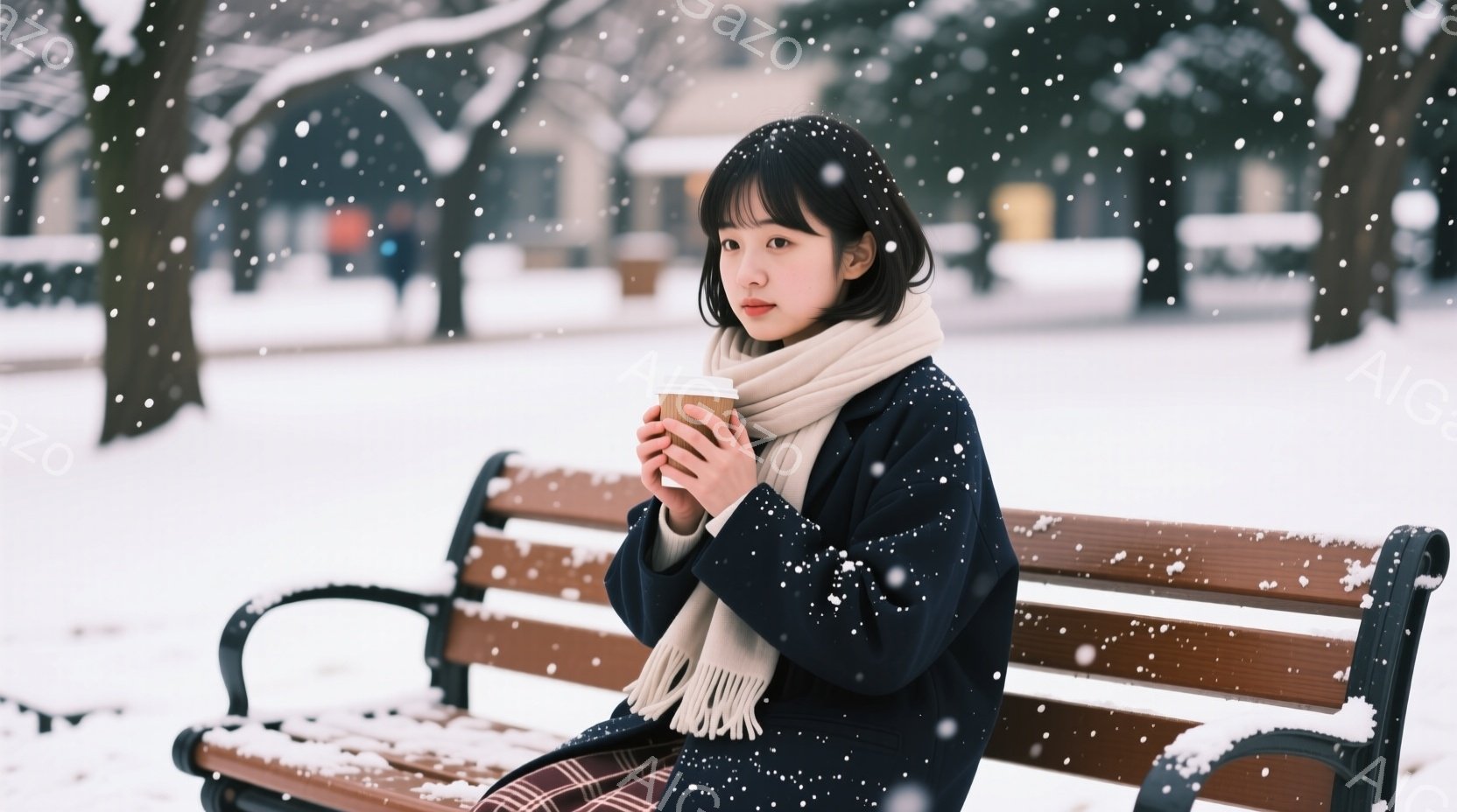 雪が降る中で、女性がベンチに座り、温かい飲み物を手に持っています。彼女は黒いコートとチェック柄のスカートを身につけ、白いつつ毛のストールを首に巻いており、穏やかな表情で少し横を向いています。背景には雪 - AI生成フリー素材