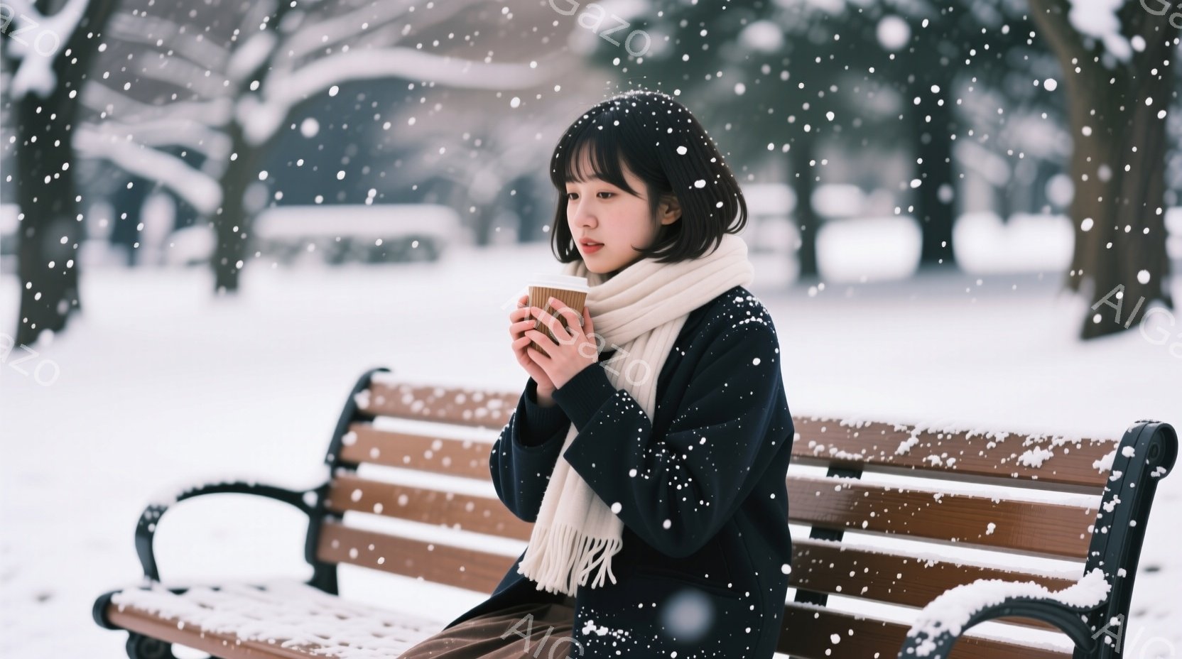 雪が降る公園のベンチに座る女性が写っています。彼女は黒いジャケットと茶色のスカートを着ており、首には白いマフラーを巻いています。女性は温かい飲み物を両手で抱え、どこか物憂げな表情で遠くを見つめており、 - AI生成フリー素材