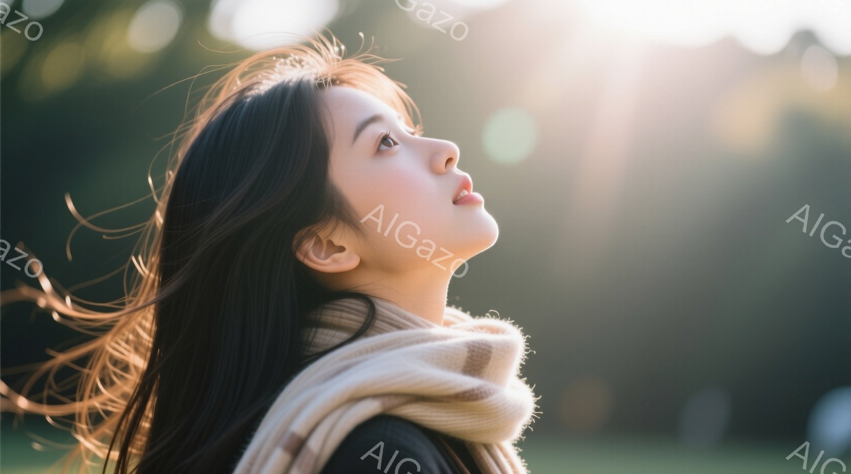 長い黒髪が風になびき、女性は空を見上げています。ベージュ色のマフラーを首に巻き、黒い服を着ています。背景は緑の自然で、光が差し込み、穏やかで希望に満ちた雰囲気を醸し出しています。 - AI生成フリー素材