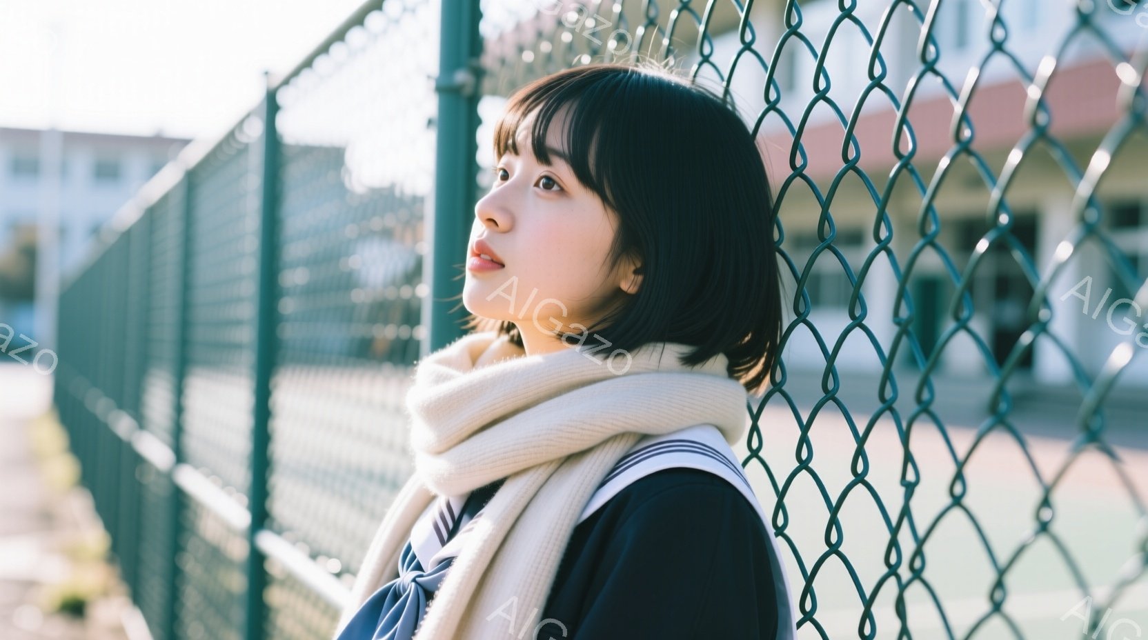 若い女性が、白い柵にもたれかかり、少し上を見ている様子が写っている。彼女は紺色の制服に白いスカーフを巻き、黒髪のショートボブスタイルで、穏やかな表情をしている。背景には建物が見え、天候は晴れで、全体的 - AI生成フリー素材