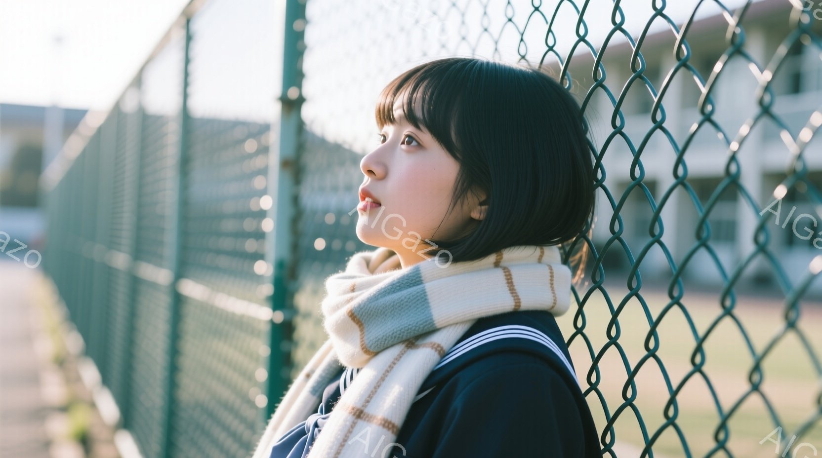 短い黒髪の女性が、白いチェック柄のストールを首に巻き、制服のような紺色の服を着ています。彼女はフェンスにもたれかかり、少し上を見つめるようなポーズで、物思いにふけるような表情をしています。背景には緑のグラウンドと、ぼやけた建物が見え、晴れた日の穏やかな雰囲気が感じられます。