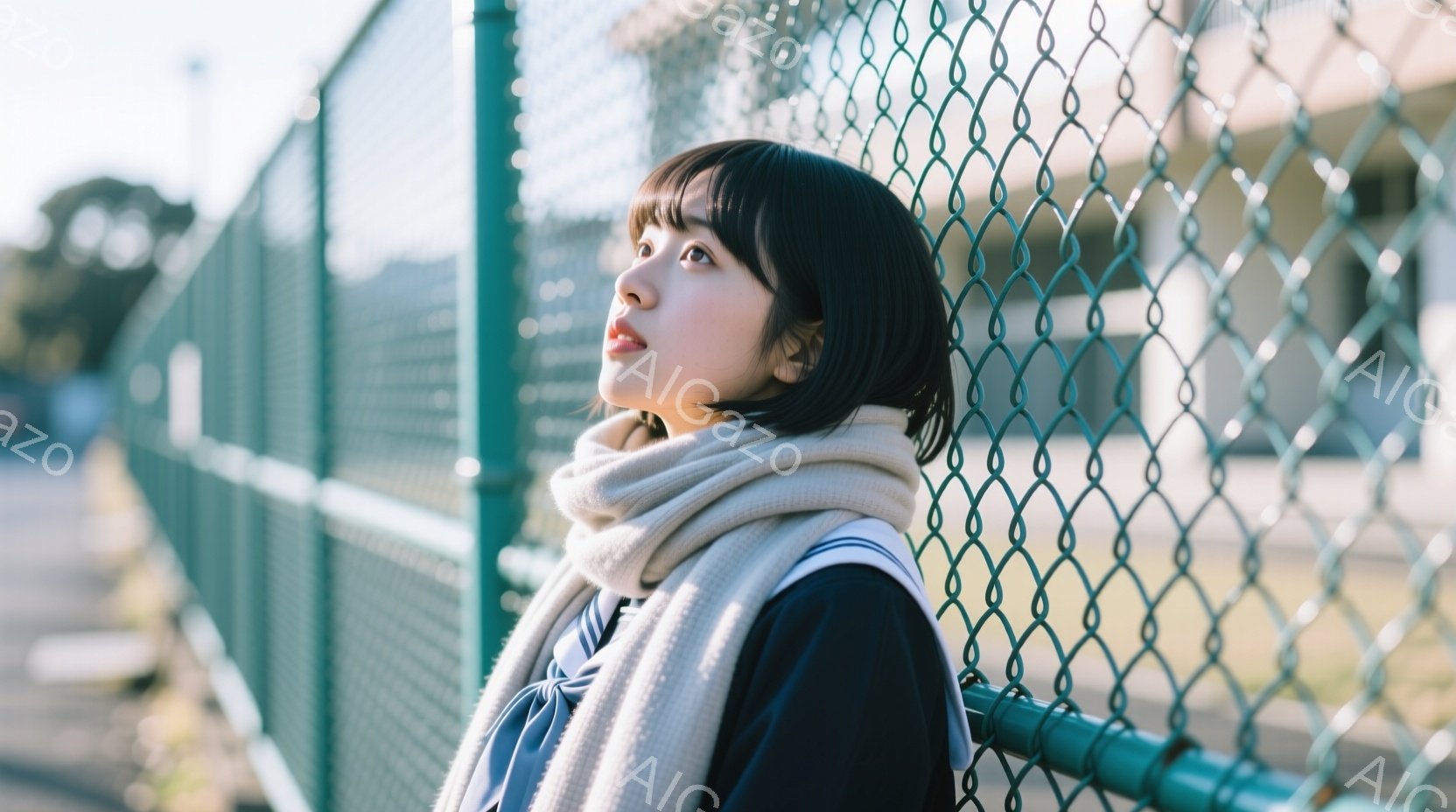 若い女性が緑色のフェンスにもたれて立っている。彼女は紺色のジャケットと白いシャツを着ており、首にクリーム色のスカーフを巻いている。彼女は前髪を短く切りそろえた黒髪で、少し上を見つめ、穏やかで物憂げな表 - AI生成フリー素材