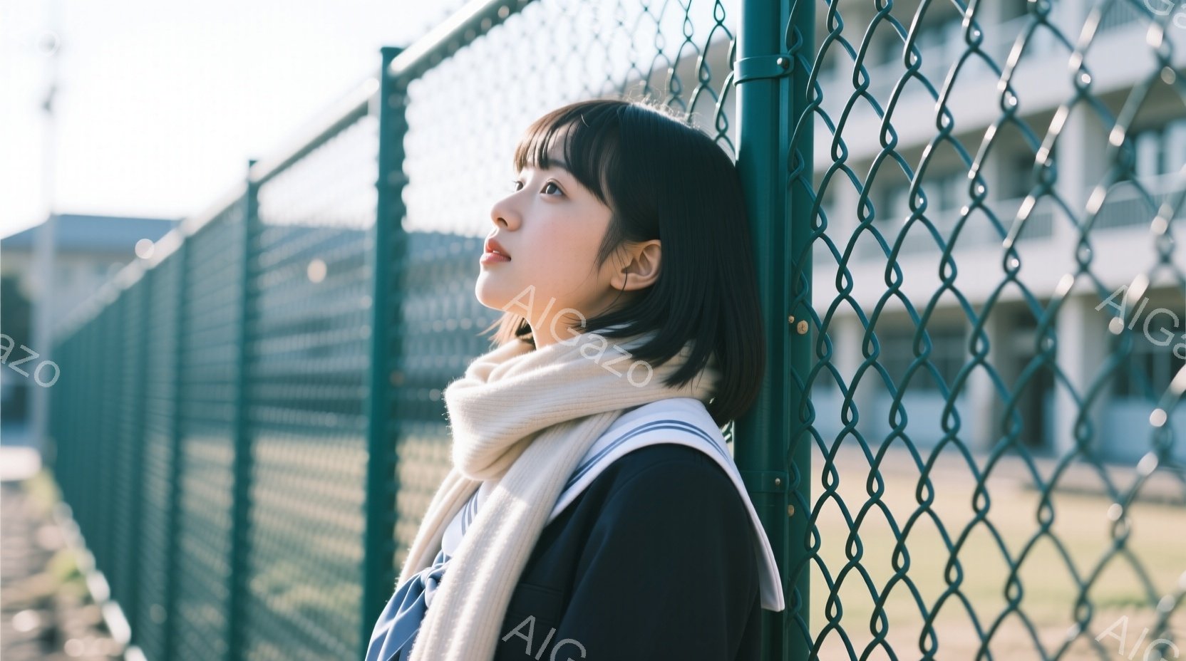 ショートヘアの女性が、緑色のフェンスにもたれて立っている。白いマフラーを巻き、制服のような服装をしている。背景には建物と少し見える空があり、穏やかで少し物憂げな雰囲気が漂っている。