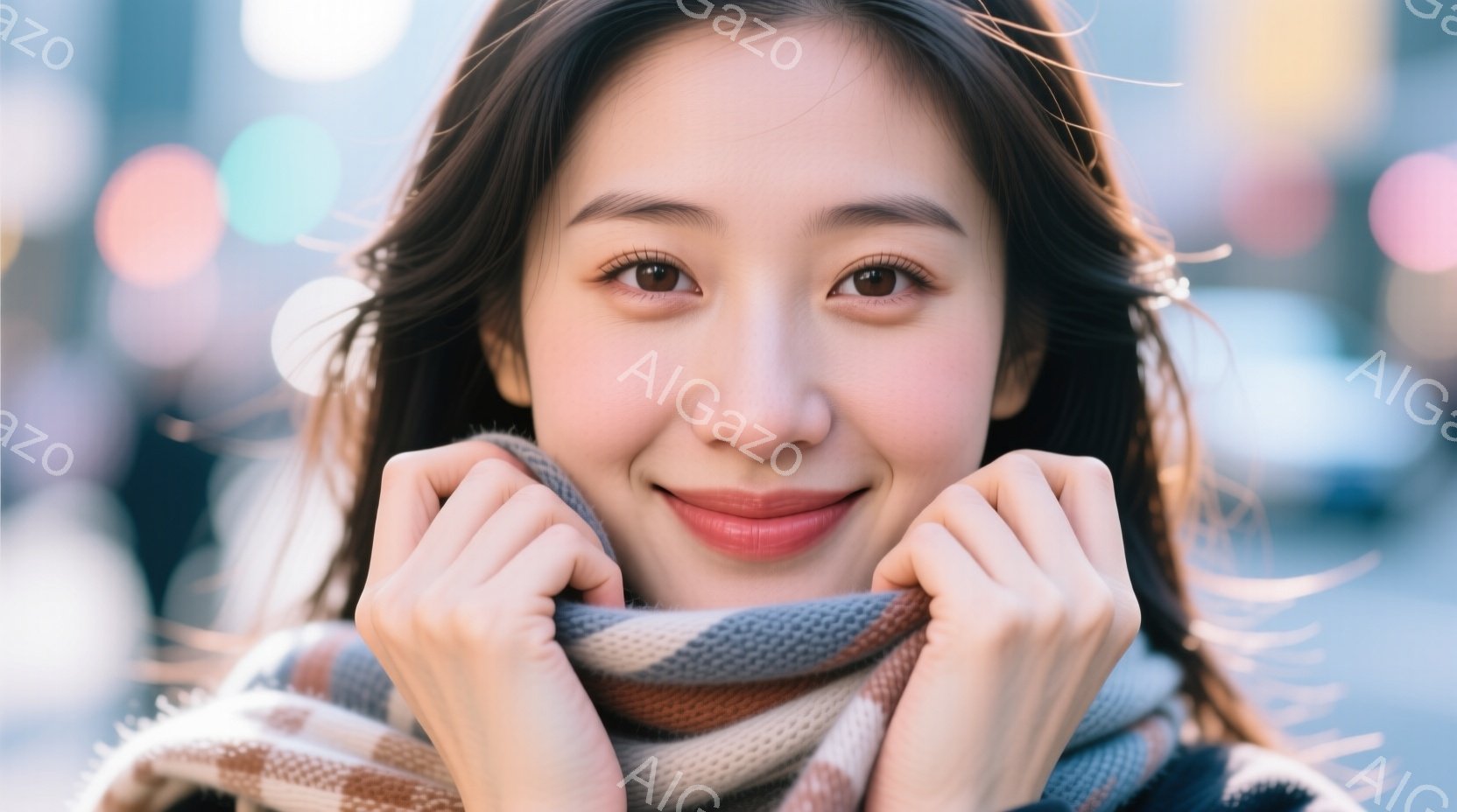 明るい笑顔を浮かべた若い女性が、首に巻いたマフラーの端を両手で持っている。彼女は茶色の長い髪で、顔色は健康的なピンク色をしており、マフラーはベージュ、グレー、白のストライプ模様である。背景はぼやけてお - AI生成フリー素材