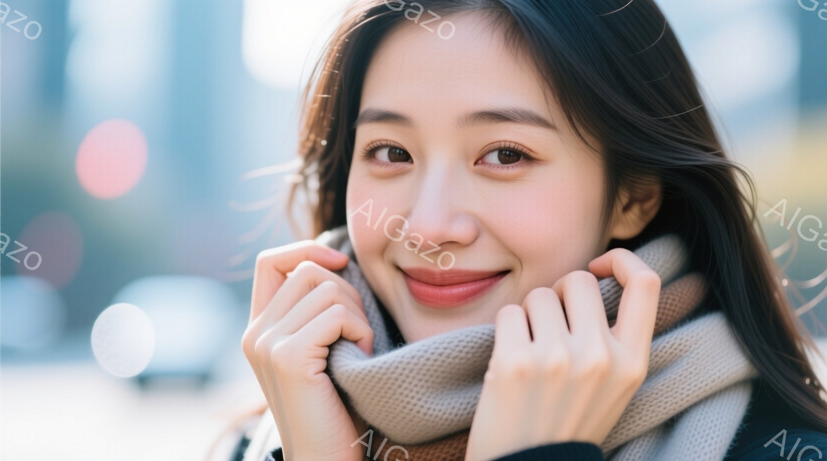 長い黒髪を肩にかけた女性が、ベージュのニットマフラーを両手で抱えています。彼女は微笑んでおり、暖かく穏やかな表情をしています。背景にはぼやけた都市の風景が見え、寒い季節の暖かい雰囲気が漂っています。