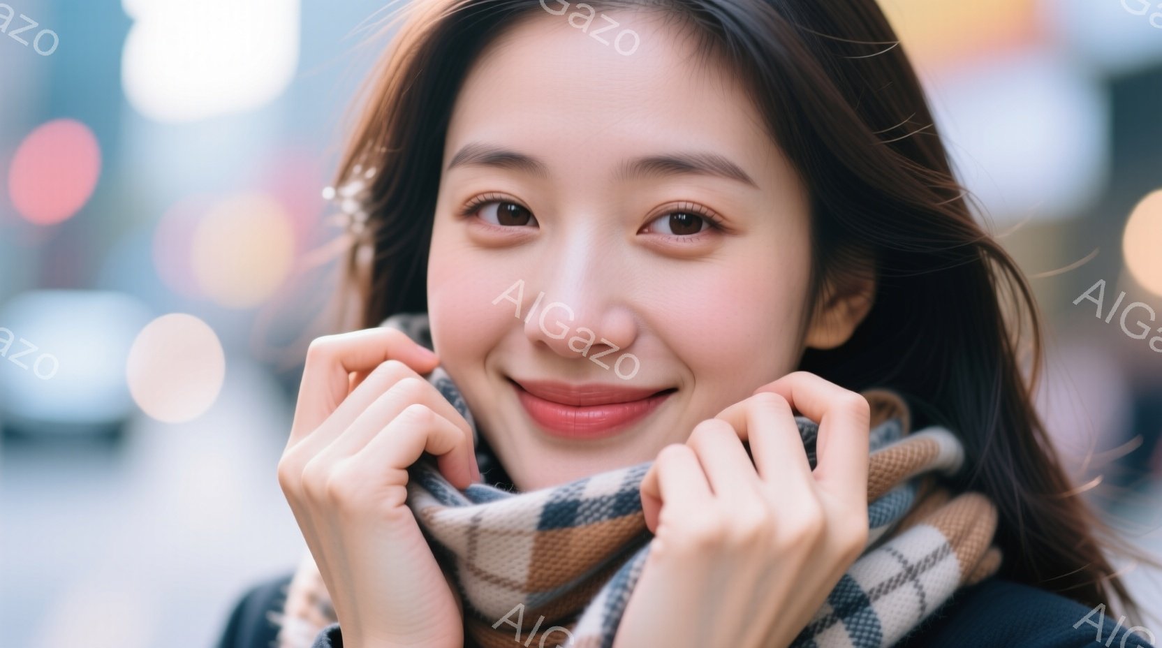 夜の暗がりや早朝に立つ女性が写っている。髪は真っ直ぐで片方に分け、肌は色白で微かに笑みを浮かべている。寒そうな冬のコートを着ており、手は口元と鼻の近くに持ってきている。背景には街灯やコンクリートの質感 - AI生成フリー素材