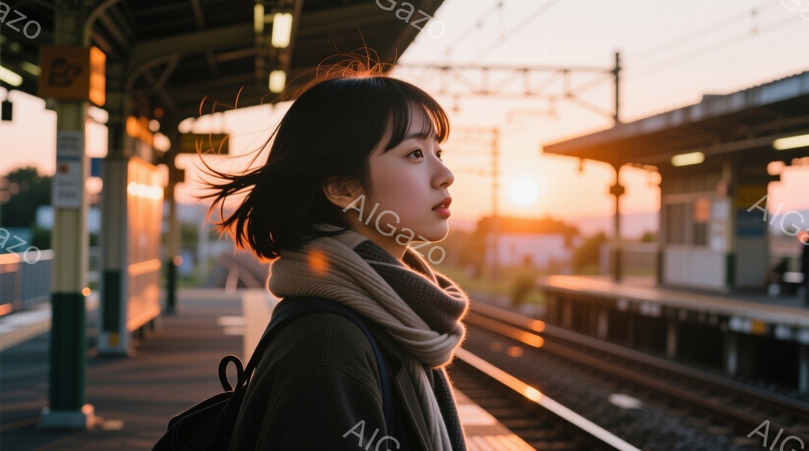 彼女は駅のホームに立ち、夕焼けを眺めている。黒髪で、ストレートの髪が風になびき、ベージュ色のマフラーを首に巻いている。背景には線路と、夕焼けに照らされた穏やかな風景が広がり、物憂げな雰囲気を醸し出して - AI生成フリー素材