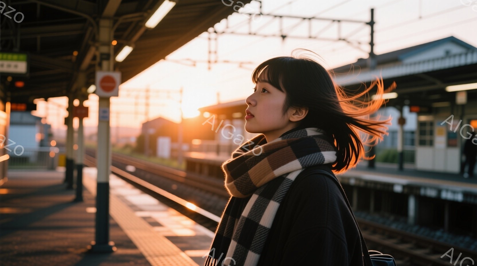 夕暮れ時の駅のホームで、若い女性が横を向いて遠くを見つめている。彼女は黒いコートにチェック柄のマフラーを巻き、肩までの長さの黒髪が風になびいている。ホームの奥には線路と建物が見え、空は夕焼けのオレンジ - AI生成フリー素材