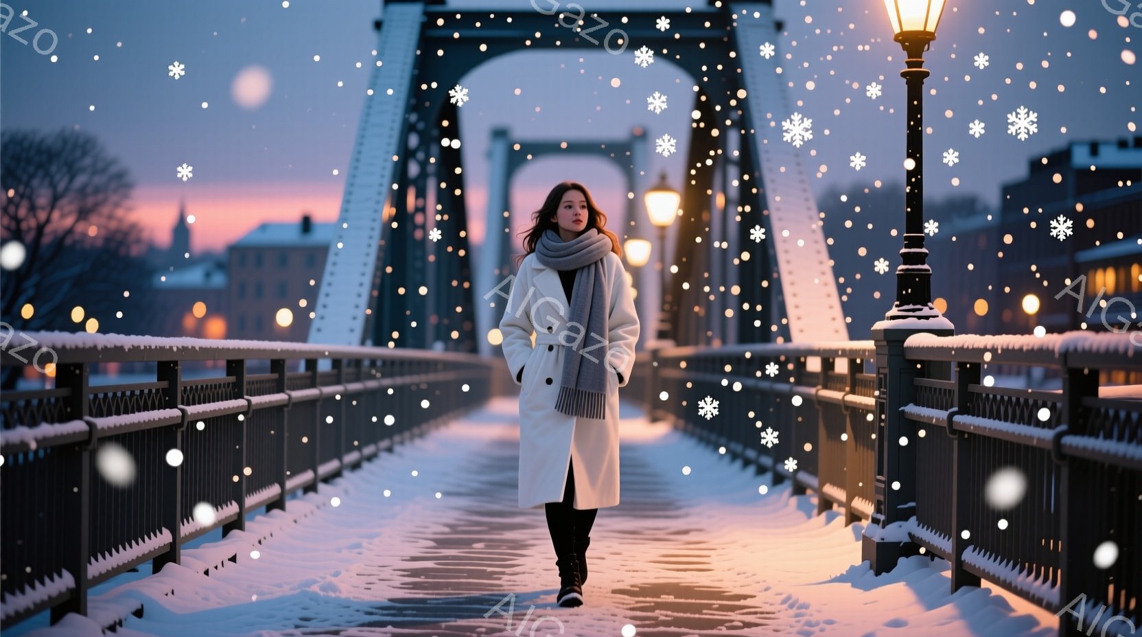白いコートと黒いブーツを身に着けた女性が、雪に覆われた橋の中央を歩いている。彼女はストールを巻き、前を見据えており、表情は穏やかでどこか寂しげだ。背景には、夕焼けに染まる街並みと、雪が舞う冬の風景が広 - AI生成フリー素材