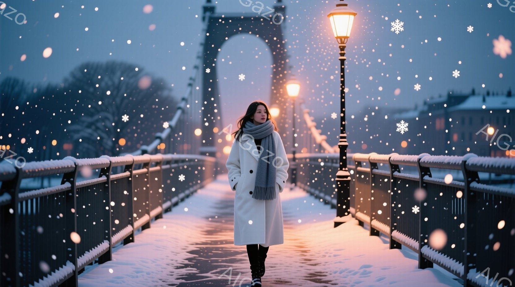 長い白いコートとスカーフを身に着けた女性が、雪が降る橋の中央を歩いている。彼女は少し前かがみで、どこか物憂げな表情をしている。背景には、薄暗い光に照らされた美しい建物と雪景色が広がり、静かで冬の雰囲気 - AI生成フリー素材