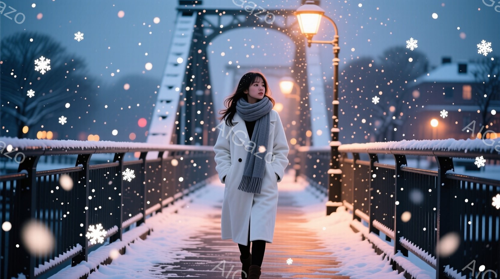 白いロングコートとマフラーを身につけた女性が、雪に覆われた橋の中央を歩いている。彼女は黒髪で、少しうつむき加減で表情はやや寂しげだ。背景にはぼやけた街並みと灯りが灯り、雪が舞う冬の静かで美しい雰囲気が - AI生成フリー素材