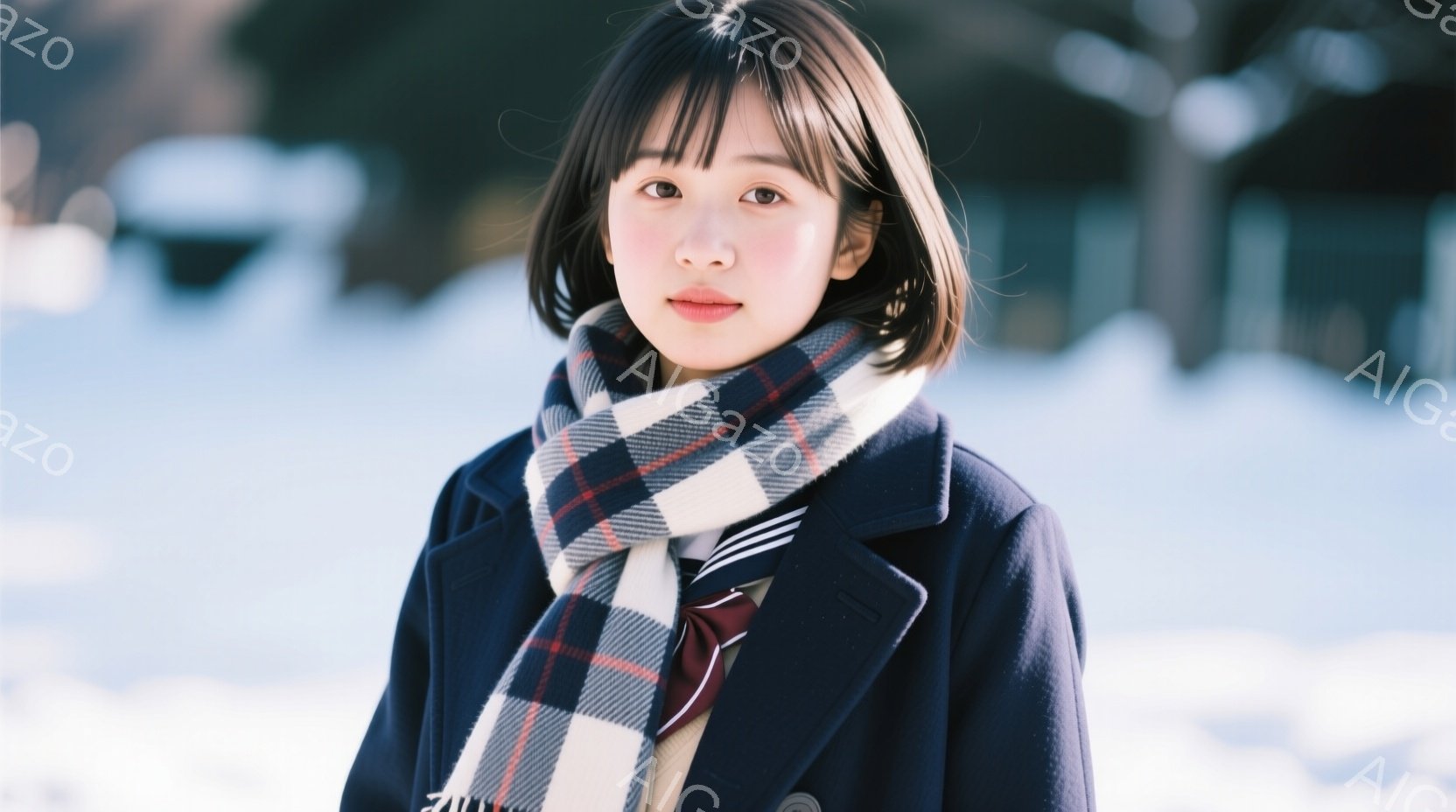 若い女性が正面を向いて立っており、紺色のコートとチェック柄のマフラーを身に着けている。彼女は短い茶色の髪を持ち、穏やかな微笑みを浮かべている。背景にはぼやけた建物と白い雪景色が広がっており、全体的に静かで穏やかな雰囲気が漂っている。