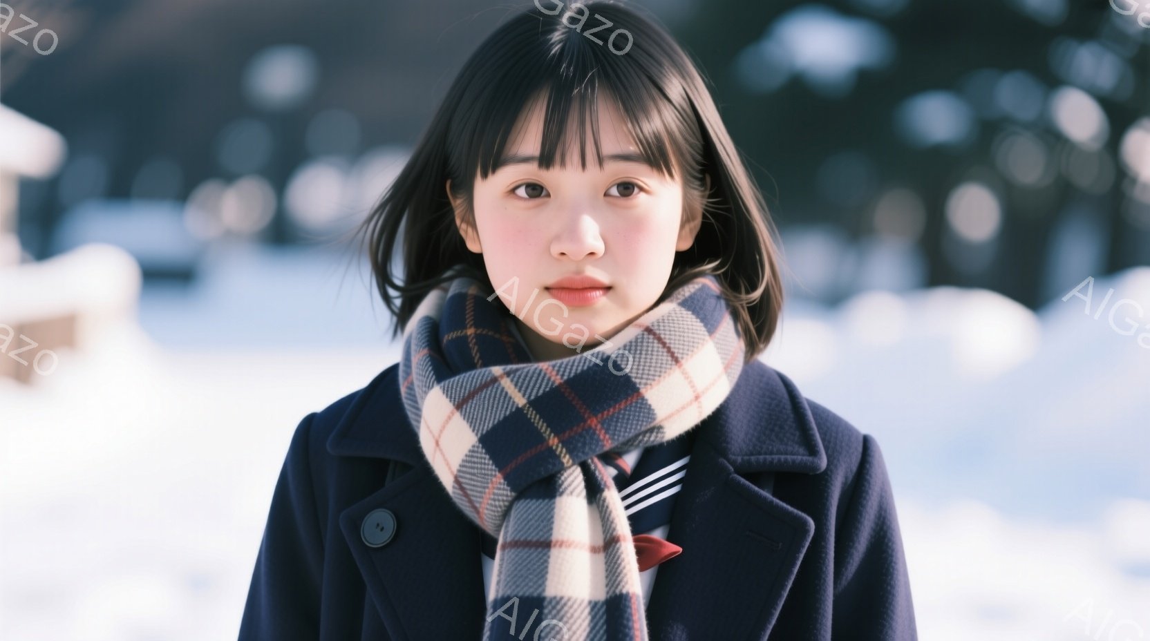 若い女性が紺色のコートとチェック柄のマフラーを身に着けて正面を見ている。彼女は黒髪で、前髪が目に少しかかり、穏やかな表情を浮かべている。背景は雪景色で、ぼやけた建物が見え、冬の静かで穏やかな雰囲気を醸 - AI生成フリー素材