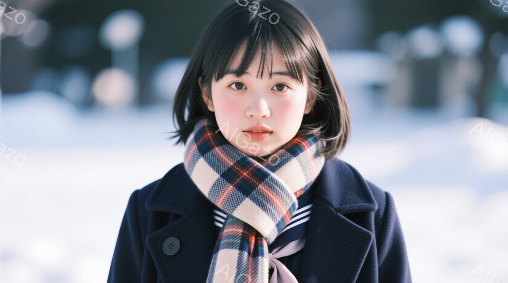 この女性は紺色のコートと白いセーラー襟のシャツを着て、チェック柄のマフラーを巻いています。彼女はまっすぐ前を見ており、穏やかで少し物憂げな表情をしています。背景は雪景色で、ぼやけた木々と建物が見え、冬 - AI生成フリー素材