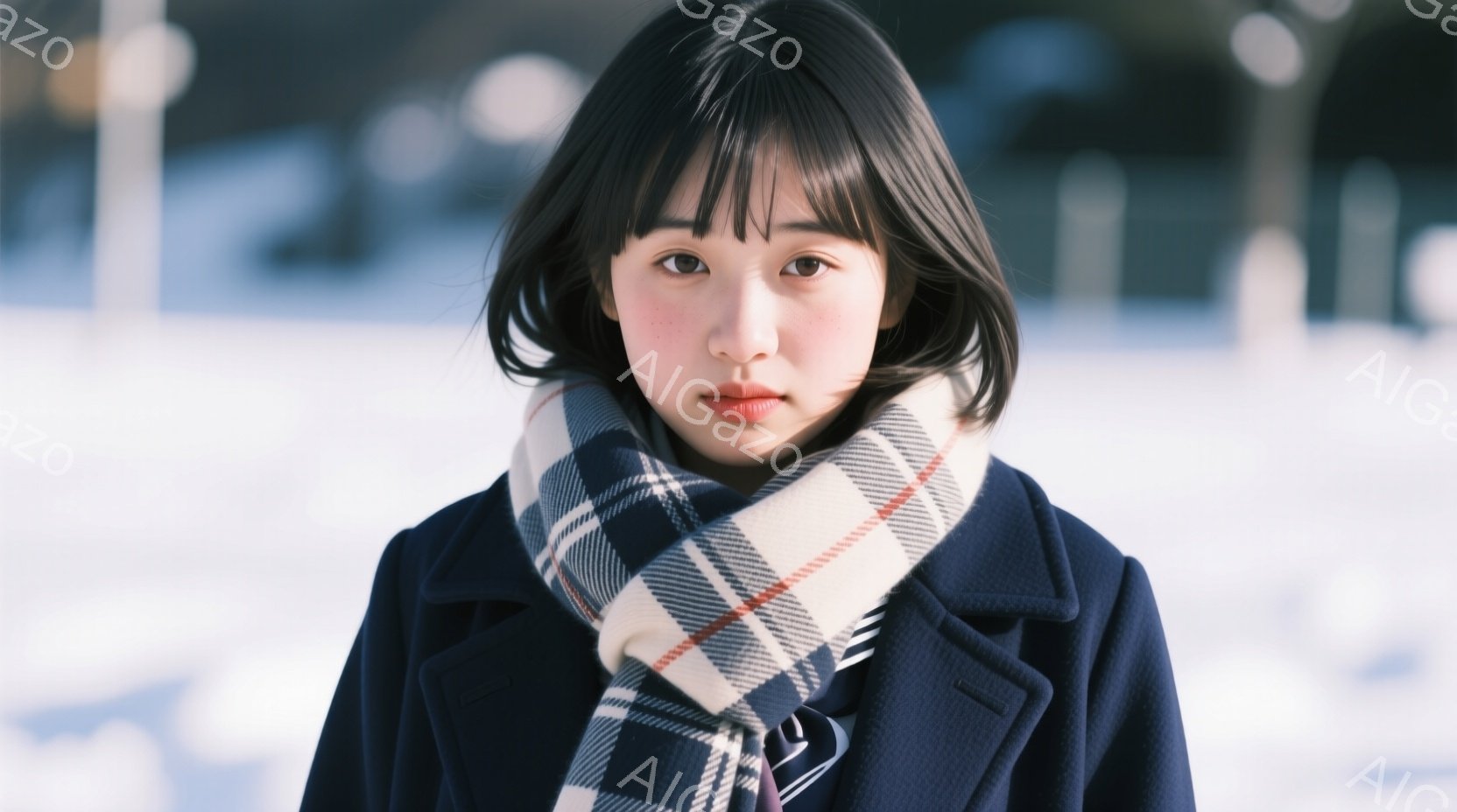 紺色のコートとチェック柄のマフラーを巻いた若い女性が写っています。彼女は短い黒髪で、少し無表情な、または穏やかな表情をしています。背景は雪景色で、ぼやけた建物が見え、冬の寒く静かな雰囲気を醸し出してい - AI生成フリー素材