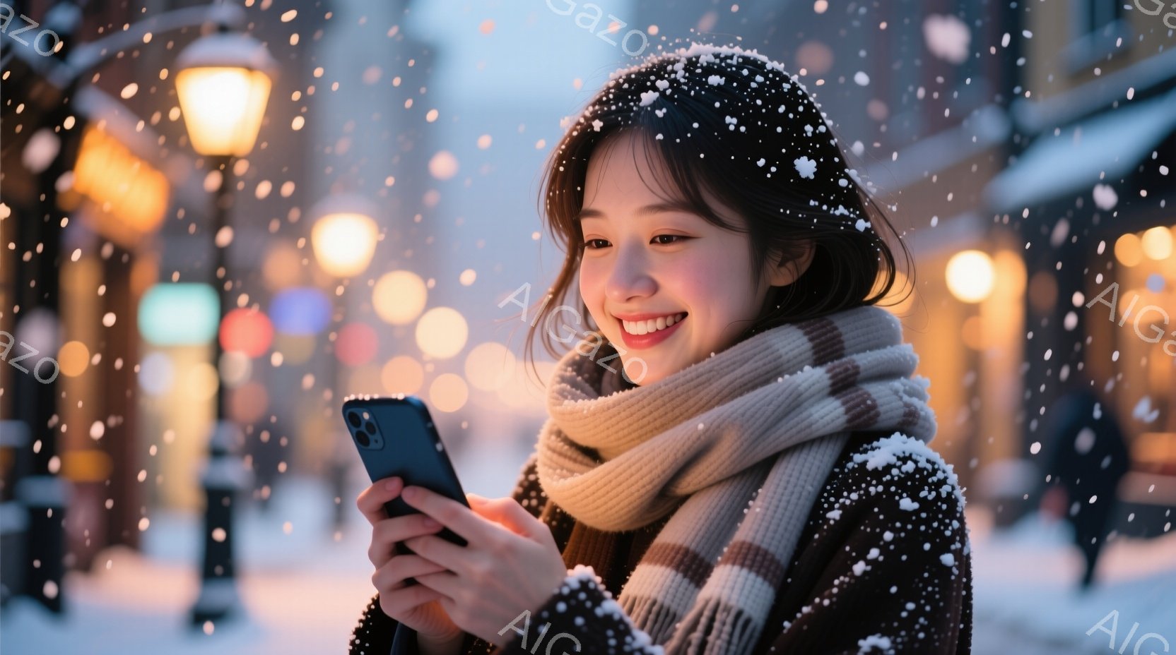 雪が舞う夜の街で、若い女性がスマートフォンを見つめて微笑んでいる。彼女は黒いコートと、ベージュとグレーのチェック柄のマフラーを身に着け、髪は肩までの長さで、雪が少し付着している。背景には、ぼんやりと光 - AI生成フリー素材