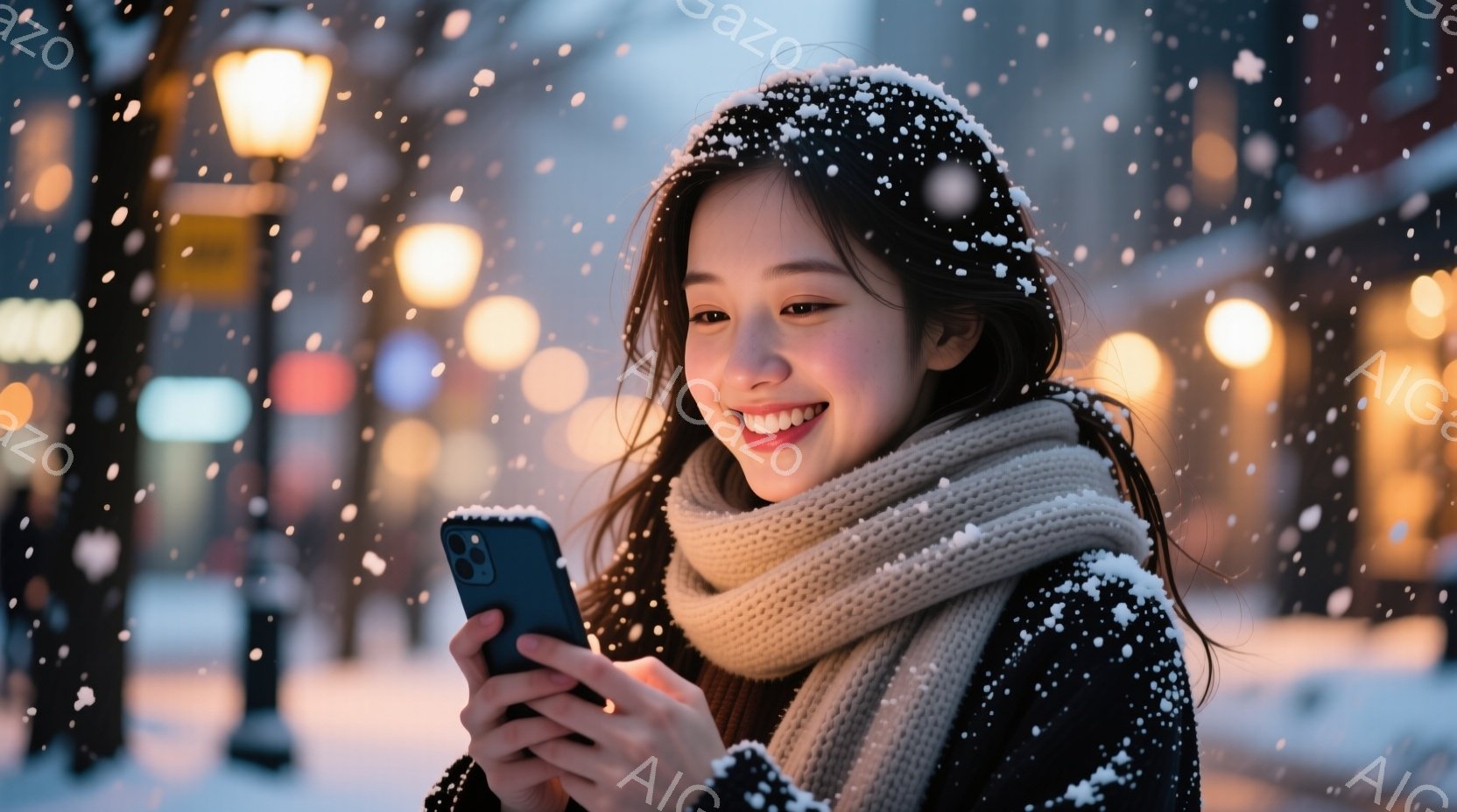 雪が降る中、女性がスマートフォンを見ながら微笑んでいます。彼女は黒いコートにボリュームのあるクリーム色のニットマフラーを巻き、髪には雪が積もっています。背景にはぼやけた街灯と建物があり、冬の暖かく幻想 - AI生成フリー素材
