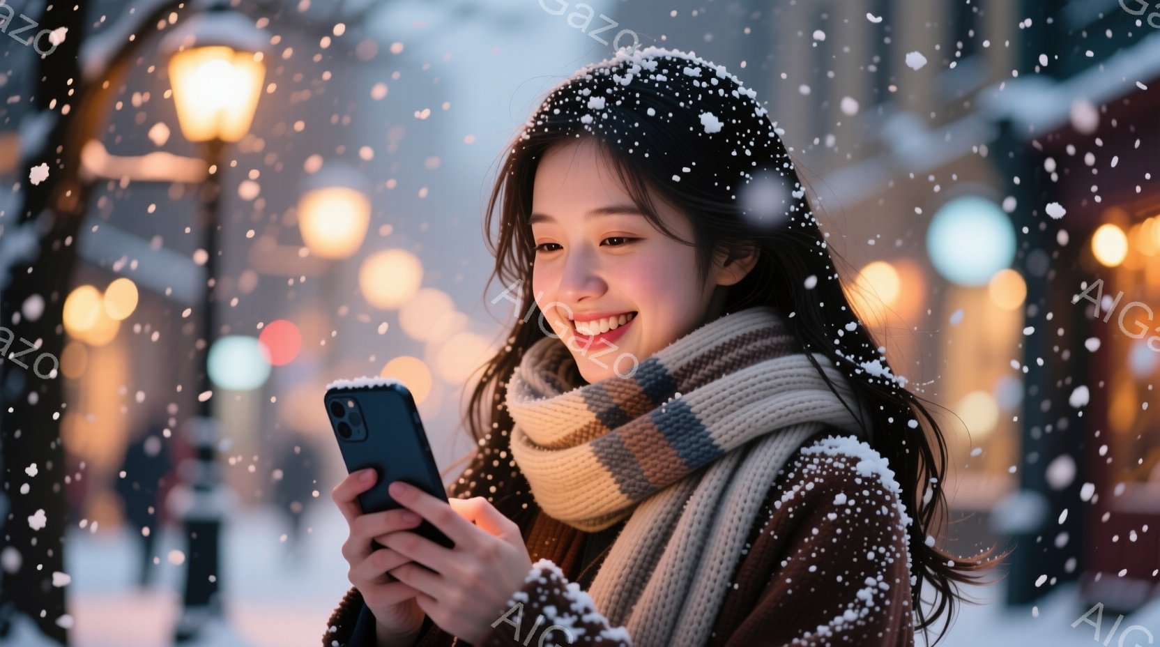 長い黒髪の女性が、雪が降る街中でスマートフォンを見つめて微笑んでいます。彼女はベージュのセーターと、白、グレー、茶色のストライプが入った厚手のマフラーを身につけており、冬の暖かさを演出しています。背景には、ぼやけた街灯と雪景色が広がり、穏やかでロマンチックな雰囲気を醸し出しています。