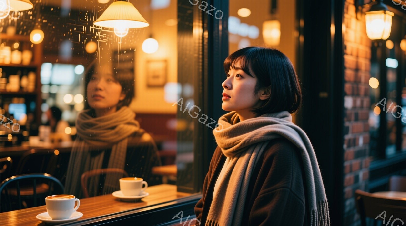 窓辺に座る若い女性が映っている。彼女は茶色のセーターを着ており、首に巻き付けたクリーム色のマフラーが印象的だ。彼女の表情はどこか物憂げで、外の景色をぼんやりと見つめている様子から、静かで内省的な雰囲気 - AI生成フリー素材