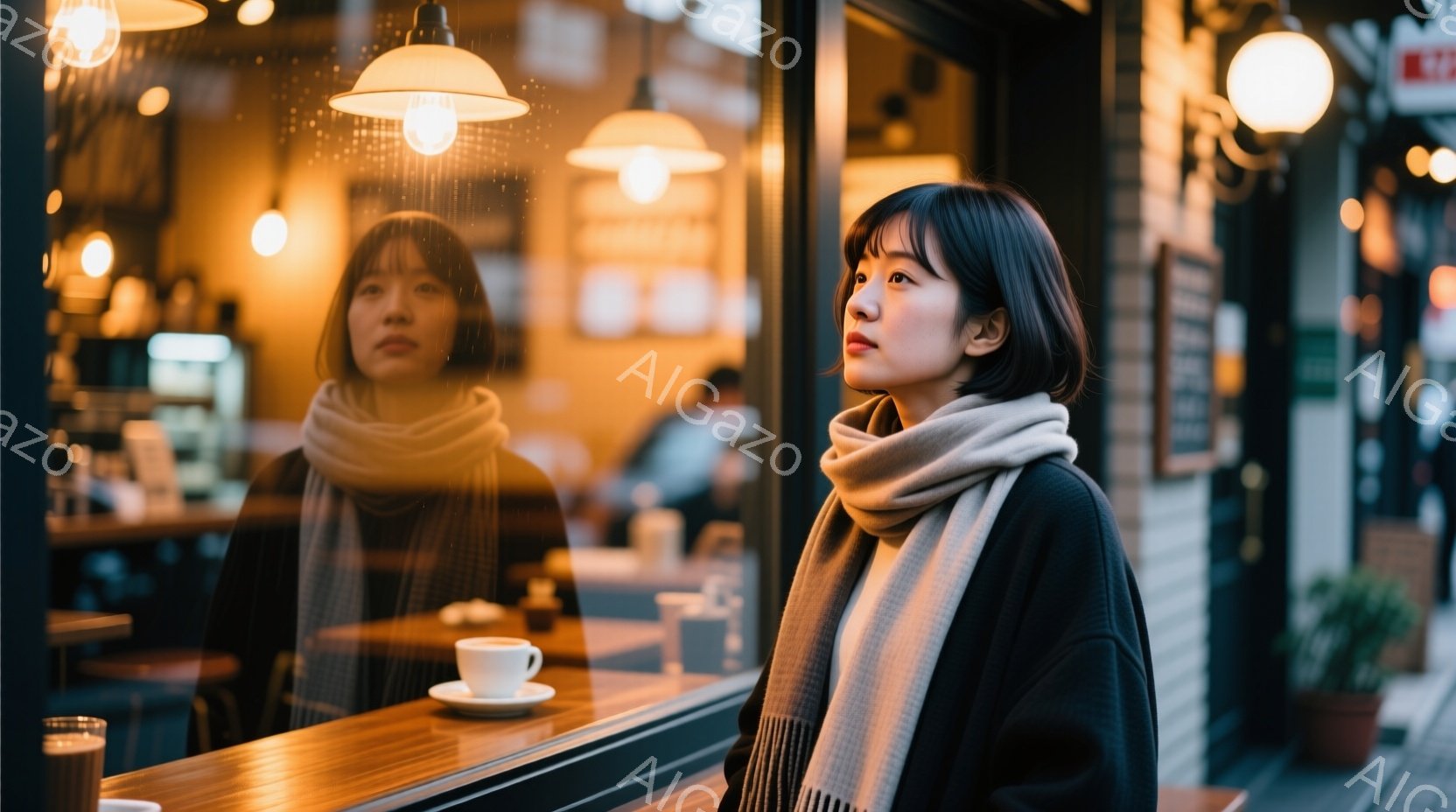 窓辺に立つ女性は、黒いセーターにオフホワイトのストールを巻き、少し物憂げな表情で遠くを見つめている。彼女の髪は短く、ダークカラーで、カジュアルなスタイルである。背景にはカフェの内部が見え、温かい光が灯 - AI生成フリー素材