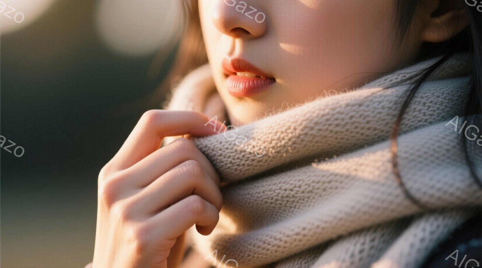 明るいベージュ色の編みセーターを身につけた女性が写っている。彼女は片手でセーターの襟を軽く握り、口元は微笑んでいるように見える。背景はぼやけており、自然光が柔らかく彼女を照らし、穏やかで優しい雰囲気を - AI生成フリー素材