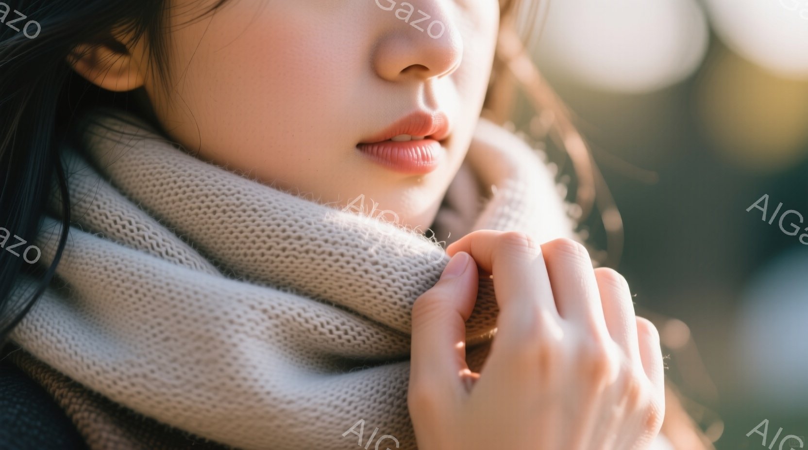 ベージュ色のニットのショールに顔を包まれた女性のクローズアップです。彼女は穏やかな表情で、両手でショールを軽く握りしめています。背景はぼやけていますが、柔らかな光が差し込み、全体的に暖かく優しい雰囲気を醸し出しています。