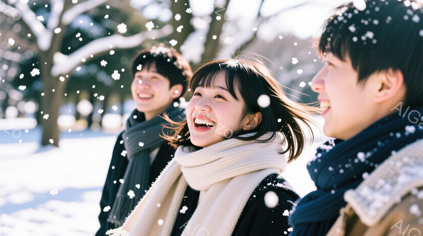 雪が舞う中で並んで歩く若い男女が写っています。女性は明るい笑顔で、肩までの黒髪に白いマフラーを巻いています。男性たちは黒いコートとマフラーを着用し、同じように笑顔を見せており、背景には雪に覆われた木々 - AI生成フリー素材