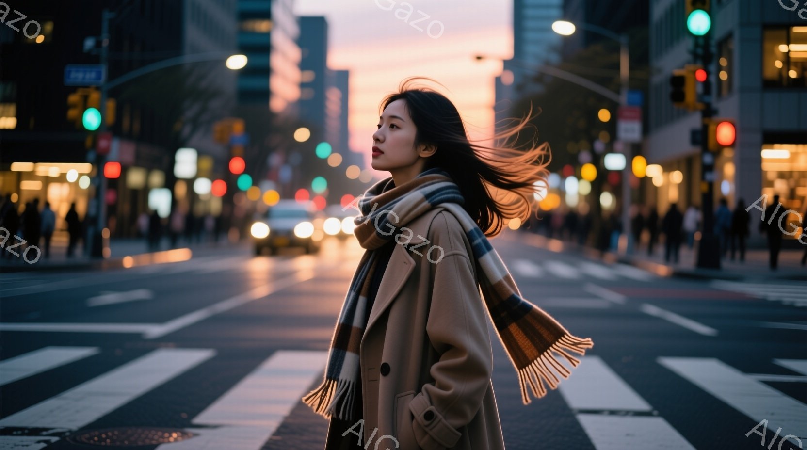 長い黒髪を風になびかせながら、ベージュ色のコートとマフラーを身につけた女性が、横断歩道を歩いている。背景には、夕焼け空の下、都市の建物と人々の姿がぼんやりと見え、全体的に暖かく、少し寂しげな雰囲気が漂っている。彼女はどこか遠くを見つめ、静かで思慮深い表情を浮かべている。