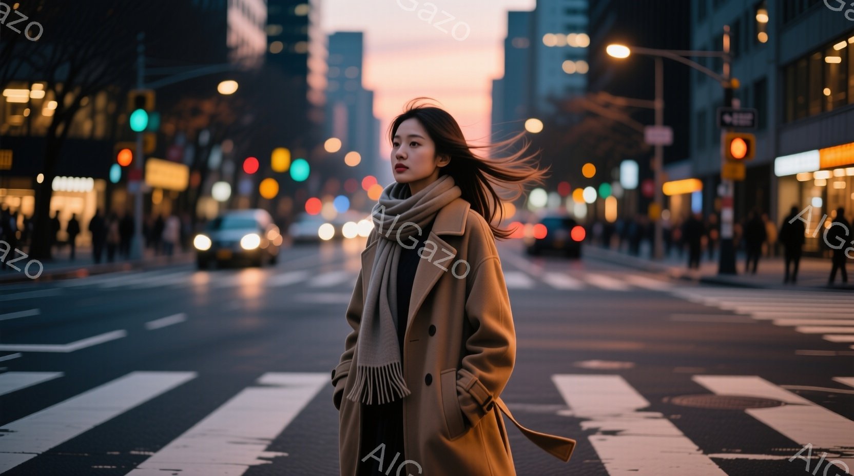長い髪の女性が横断歩道で立っており、ベージュ色のコートとスカーフを身につけている。彼女は横顔で、少し憂いのある表情をしており、風になびく髪が印象的だ。背景には高層ビル群が立ち並び、夕暮れ時の空がオレン - AI生成フリー素材
