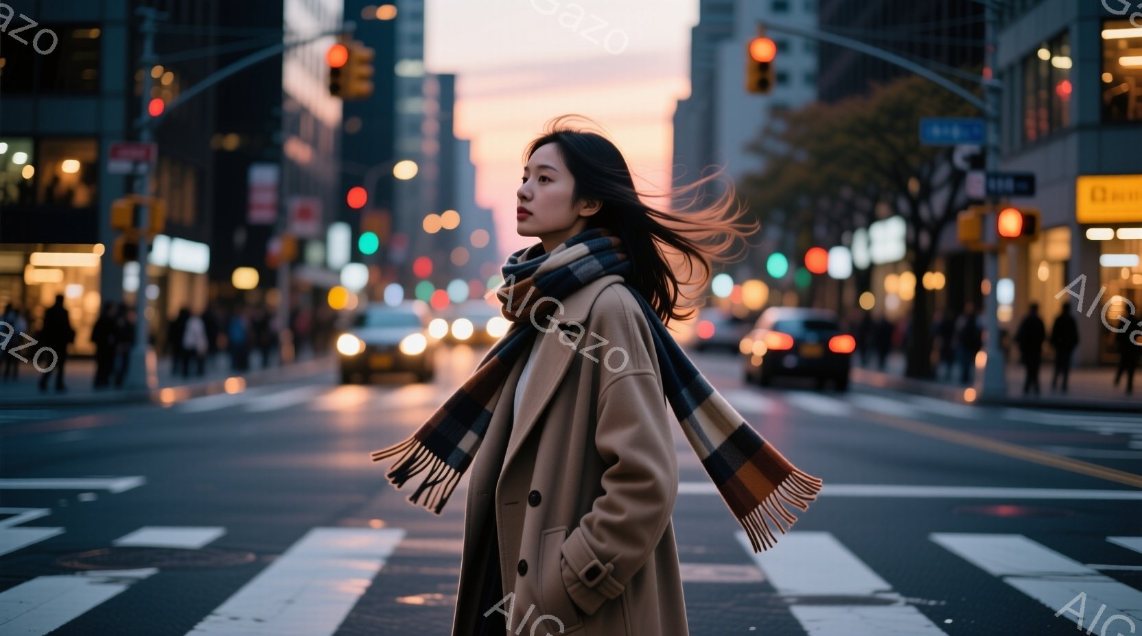 長い髪の女性が、茶色のコートとチェック柄のマフラーを身につけ、横向きに立っている。彼女の髪は風になびき、表情はやや憂いを帯びているように見える。背景には、夕暮れ時のニューヨークの街並み、交差点、そして - AI生成フリー素材