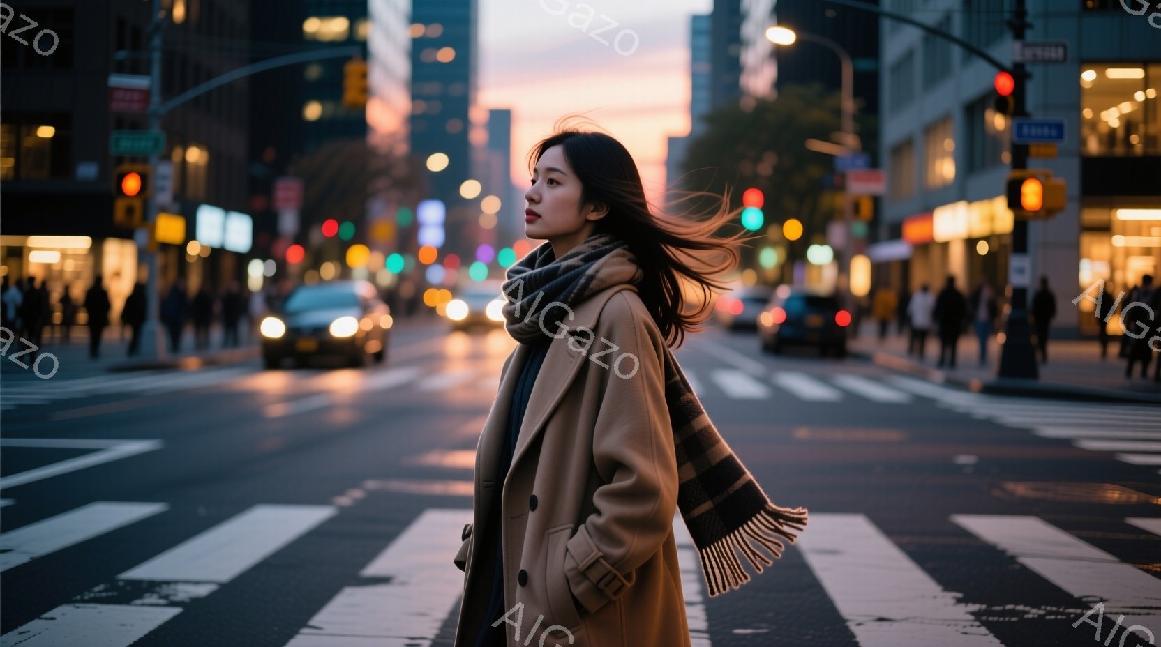 明るいベージュ色のコートを着た若い女性が、横断歩道上で街を見つめています。風に吹かれて髪がなびき、横断歩道と高層ビル群が背景に広がっています。夕暮れ時の暖色系の光が、街全体に優しく、どこか物憂げな雰囲 - AI生成フリー素材