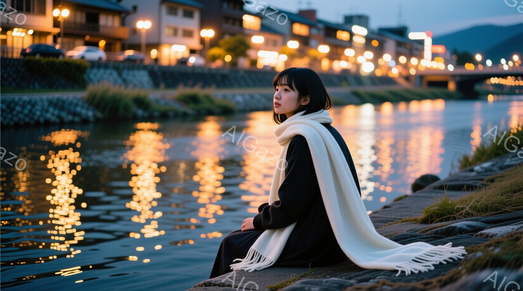 黒い服を着た若い女性が、川沿いの石段に座って何かを考えているようです。白いマフラーが彼女の肩に巻かれ、暗い髪は短く切り揃えられています。背景には、夜の光が反射する川と、遠くに見える街並みが広がっており - AI生成フリー素材