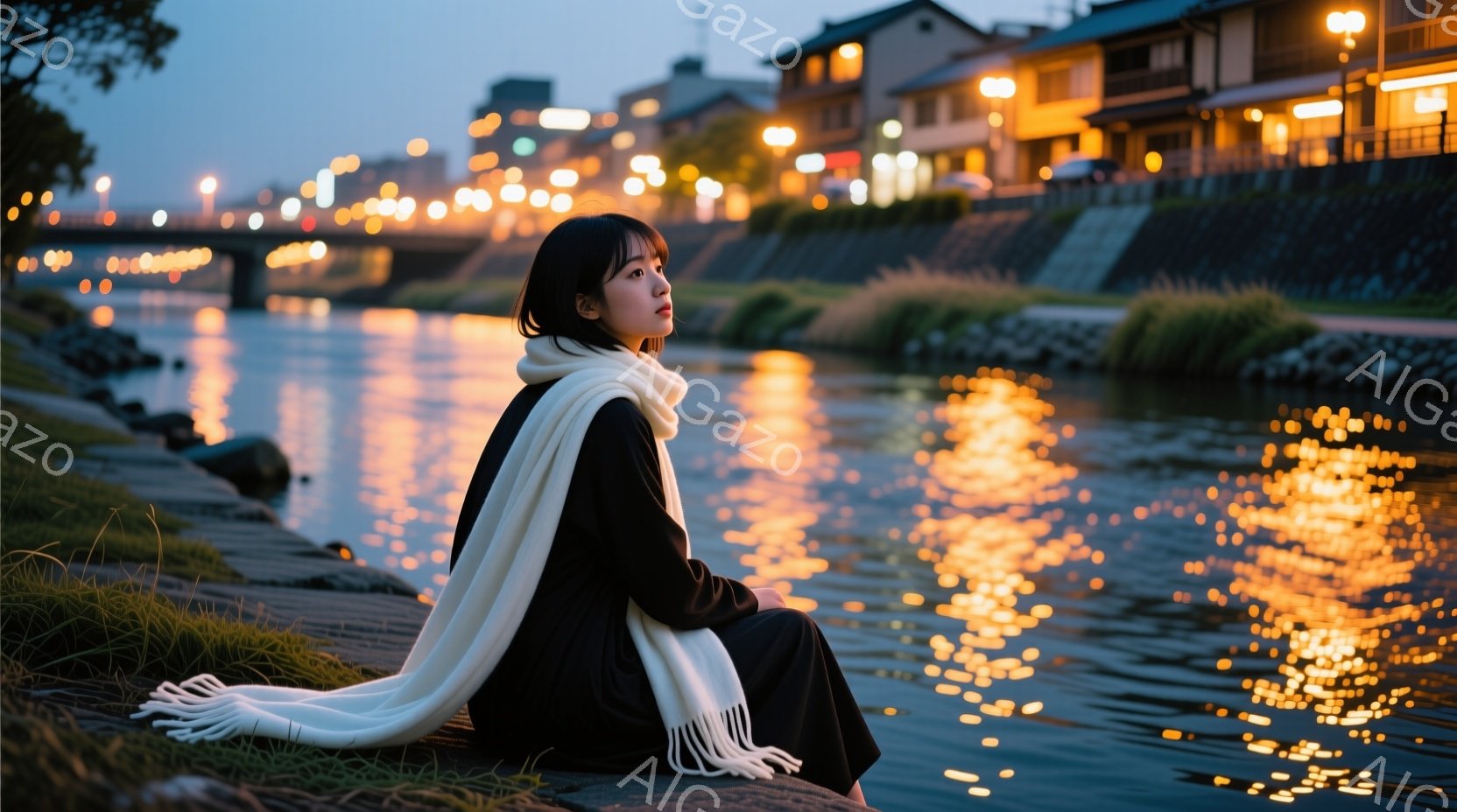 長い髪を降ろした若い女性が、川沿いの石積みに座り、遠くを見つめている。黒い服に白いマフラーを巻き、少し憂いを帯びた表情をしている。背景には、夜の街並みがぼんやりと見え、川面には街灯や建物の明かりが反射し、幻想的な雰囲気を醸し出している。